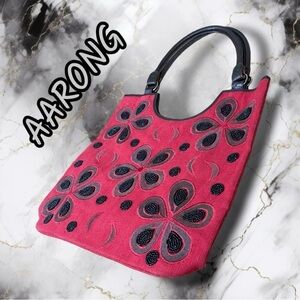 AARONG Hand Beaded Floral Shoulder Tote Bag Red Black Brown